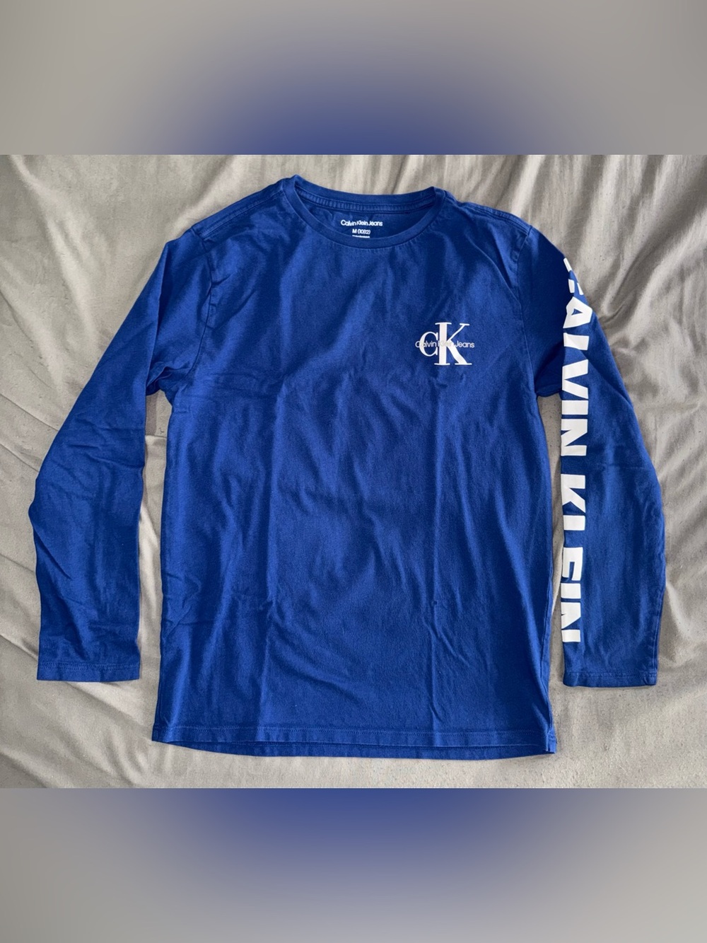 Calvin Klein Jeans Kids M 10/12 Long Sleeve Logo T Shirt Blue CK Sleeve Spellout